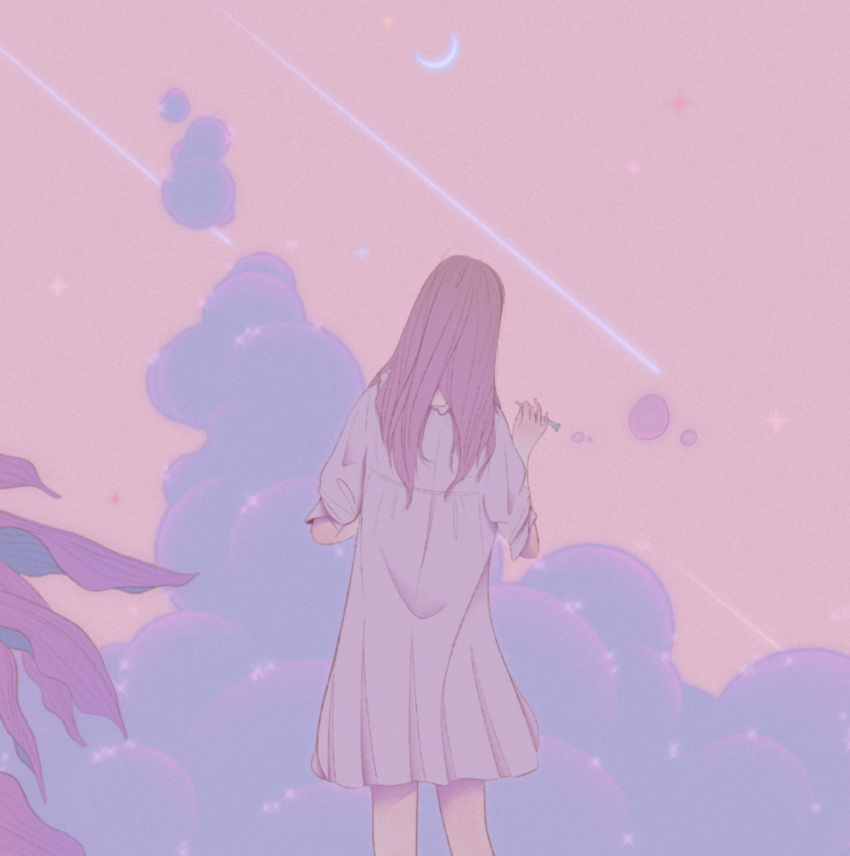 bad_id bad_twitter_id blowing_bubbles bubble cloud cloudy_sky crescent_moon dress feet_out_of_frame female hand_up highres leaf long_hair moon original pink_theme plant purple_hair rasukusekai shooting_star short_sleeves sky solo white_dress