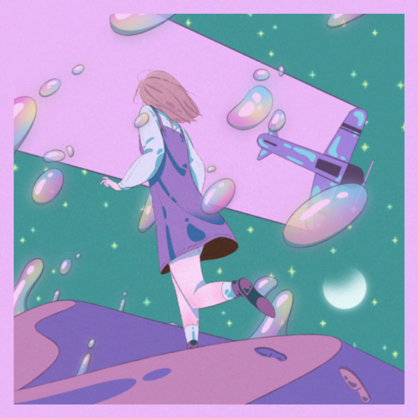 aircraft airplane bad_id bad_twitter_id black_footwear border brown_hair dress female from_behind green_sky highres long_hair long_sleeves original purple_border purple_dress rasukusekai shirt shoes sky socks solo star_(sky) starry_sky white_shirt white_socks wide_shot