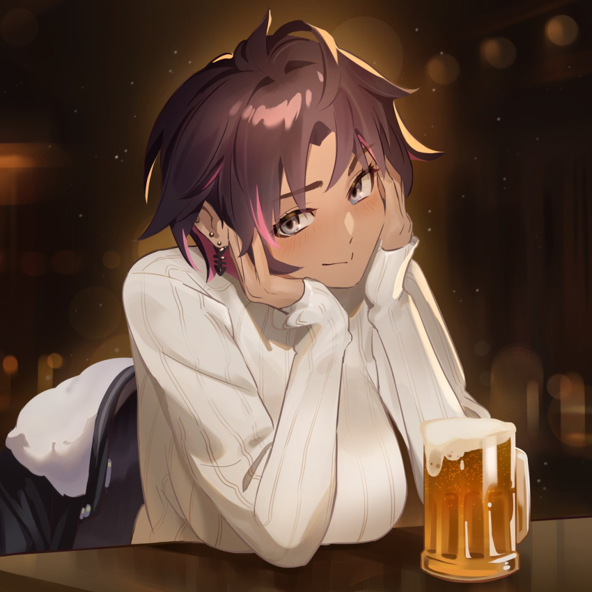 alcohol beer beer_mug black_jacket blurry blurry_background blush bon_(vtuber) breasts brown_hair cup dark-skinned_female dark_skin ear_piercing elbow_rest female hand_on_own_cheek hand_on_own_face head_rest highres indie_virtual_youtuber indoors jacket large_breasts looking_at_viewer mug multicolored_hair piercing pink_hair rakaieye ribbed_sweater short_hair sitting sleeves_past_wrists smile solo streaked_hair sweater table virtual_youtuber white_sweater