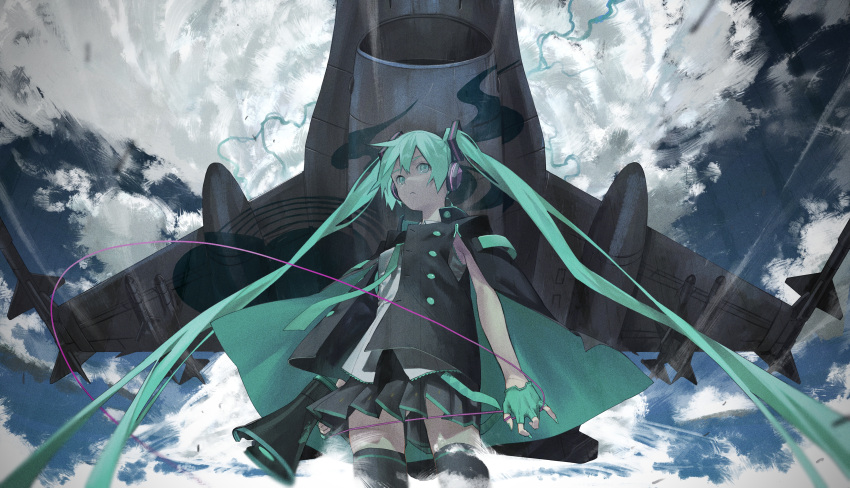 absurdres aircraft airplane aqua_eyes aqua_hair aqua_nails bad_id bad_pixiv_id black_skirt black_thighhighs cable capelet closed_mouth cloud cloudy_sky commentary electricity female film_grain fingerless_gloves fingernails floating_clothes floating_neckwear from_below gloves green_gloves green_nails green_necktie hair_between_eyes hatsune_miku headphones highres holding holding_megaphone jet koi_wa_sensou_(vocaloid) long_hair matsuura_kento megaphone missile necktie painterly skindentation skirt sky solo standing supercell_(band) thighhighs twintails very_long_hair vocaloid