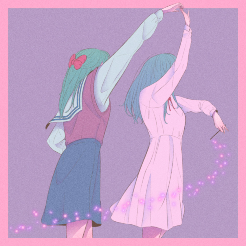 2girls aqua_hair arm_up bad_id bad_twitter_id black_skirt border bow brown_vest cowboy_shot dress green_hair hairbow highres long_hair long_sleeves multiple_girls original pink_border pink_dress purple_background rasukusekai red_bow red_ribbon ribbon sailor_collar shirt simple_background skirt sparkle vest wand white_sailor_collar white_shirt