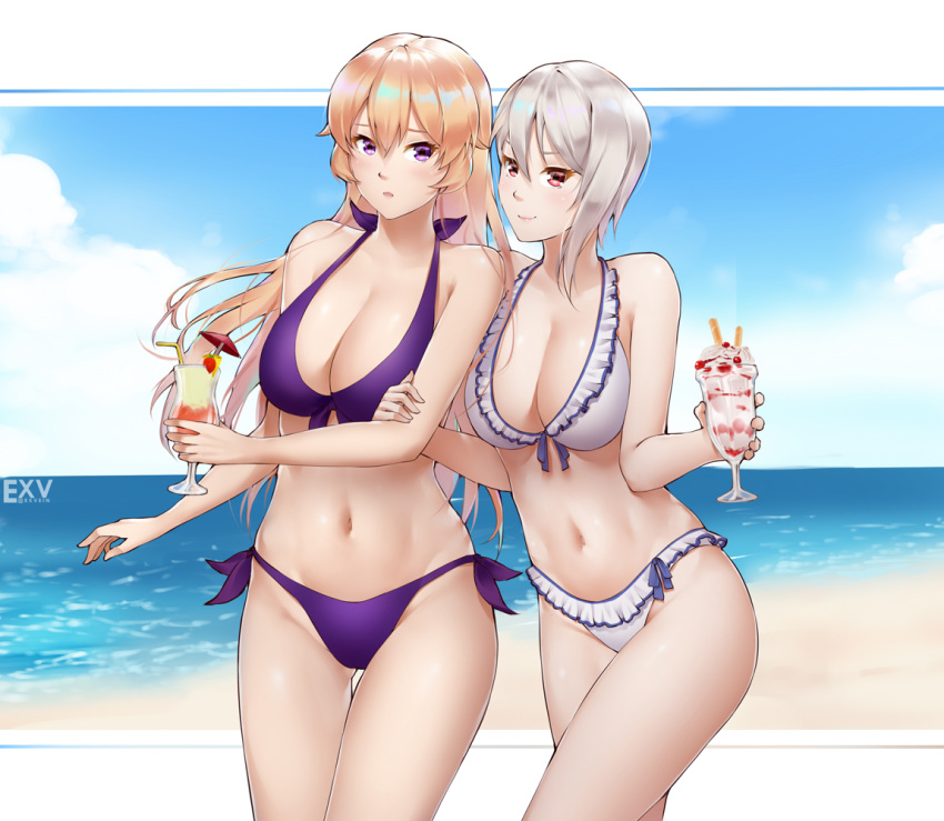 2girls arm_grab ass_visible_through_thighs bare_arms bare_shoulders beach bikini blonde_hair blue_sky breasts cleavage cloud collarbone commentary cousins cowboy_shot cup day exv food frilled_bikini frills front-tie_bikini_top front-tie_top fruit grey_hair holding holding_cup horizon large_breasts long_hair looking_at_viewer multiple_girls nakiri_alice nakiri_erina navel ocean outdoors outside_border parfait photoshop_(medium) purple_bikini red_eyes shokugeki_no_souma short_hair side-tie_bikini_bottom sky smile stomach strawberry summer swimsuit thigh_gap water white_bikini