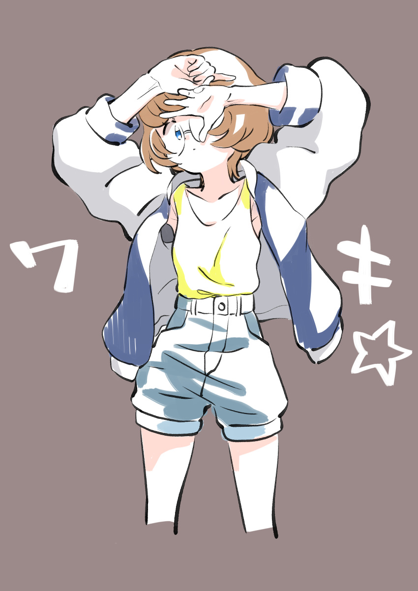 absurdres armpits arms_up blue_eyes blue_jacket blue_shorts brown_background brown_hair closed_mouth commentary covering_one_eye cowboy_shot cropped_legs expressionless female glasses high-waist_shorts highres ichinose_minori jacket long_sleeves looking_at_viewer open_clothes open_jacket partially_colored precure round_eyewear shirt shirt_tucked_in short_hair shorts simple_background sleeveless sleeveless_shirt solo star_(symbol) tankobukids translation_request tropical-rouge!_precure white_sleeves yellow_shirt