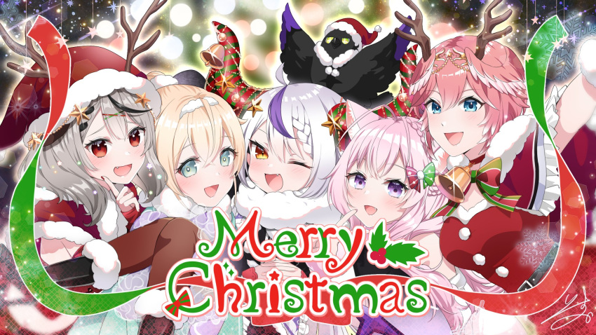 5girls :d ;d ahoge animal_on_head bell bird bird_on_head black_footwear black_hair blonde_hair blue_eyes blush boots braid brown_eyes brown_legwear capelet carrying choker christmas commentary crow_(la+_darknesss) demon_horns dress english_commentary fake_antlers frilled_sleeves frills fur_collar hair_ornament hair_wings hakui_koyori hat highres hololive holox horn_bell horns isuka kazama_iroha la+_darknesss long_hair long_sleeves merry_christmas multiple_girls neck_bell oerba_yun_fang on_head one_eye_closed pantyhose pink_hair princess_carry purple_eyes purple_hair red_capelet red_choker red_dress red_eyes sakamata_chloe santa_hat short_hair simple_background smile takane_lui virtual_youtuber wings x_hair_ornament