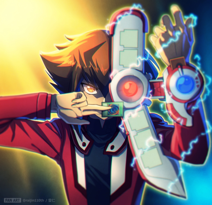 1boy arm_up artist_name brown_hair card commentary_request covering_own_mouth duel_academy_uniform_(yu-gi-oh!_gx) duel_disk electricity energy glowing glowing_eye hair_between_eyes hand_up highres holding holding_card jacket long_sleeves looking_at_viewer male_focus open_clothes orange_eyes polymerization raijin-bh red_jacket yu-gi-oh! yu-gi-oh!_gx yuki_judai