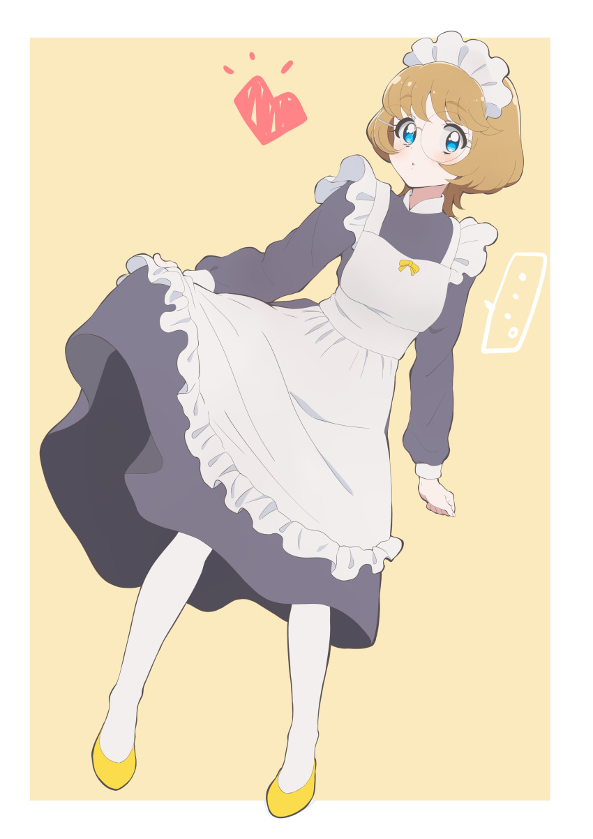 ... :o absurdres alternate_costume apron black_dress blue_eyes blush border bow brown_hair commentary_request dress dutch_angle enmaided expressionless female frilled_apron frills full_body glasses heart highres ichinose_minori long_dress long_sleeves looking_at_viewer maid maid_apron maid_headdress open_mouth outside_border pantyhose precure round_eyewear short_hair simple_background skirt_hold solo speech_bubble tankobukids tropical-rouge!_precure white_apron white_border white_pantyhose yellow_background yellow_bow yellow_footwear