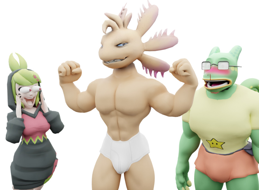 2022 3d_(artwork) albalbalb alpha_channel amphibian anime_nosebleed anthro axol axolotl blood blue_eyes blush bodily_fluids breasts bulge chameleon clothed clothing digital_media_(artwork) dress eyes_popping_out female flexing flexing_bicep flexing_both_biceps francis_(paper_mario) glitch_productions green_body green_hair green_scales green_skin group hair half-closed_eyes human humanoid jaw_drop lizard male mammal marine mario_bros melony_(smg4) mole_salamander muscular muscular_anthro muscular_male narrowed_eyes nintendo nosebleed pale_skin paper_mario pecs red_eyes reptile salamander scales scalie shirt short simple_background smg4 smile star t-shirt topwear transparent_background trio underwear underwear_only