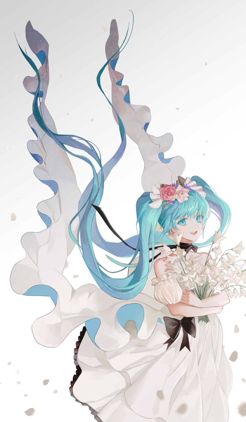 :d absurdres bellflower black_bow black_ribbon blurry blurry_foreground bouquet bow chinese_bellflower commentary cowboy_shot detached_sleeves dress dress_bow female floating_hair flower frilled_dress frilled_sleeves frills hair_floating_upwards hair_flower hair_ornament hatsune_miku highres holding holding_bouquet holding_flower hugging_object layered_dress long_hair looking_at_viewer migumi miku_with_you_(vocaloid) neck_ribbon open_mouth petals pink_flower pink_rose puffy_detached_sleeves puffy_sleeves purple_flower ribbon rose short_sleeves smile solo standing teeth twintails two-sided_fabric upper_teeth_only very_long_hair vocaloid white_background white_dress white_flower