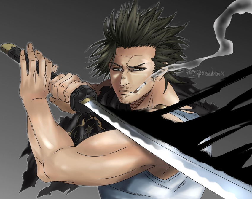 1boy biceps black_bulls_(emblem) black_capelet black_clover black_hair capelet cigarette facial_hair floating_cape frown furrowed_brow hands_on_hilt looking_at_viewer magic male_focus muscular muscular_male shirt sleeveless sleeveless_shirt smoking solo stubble sword tank_top torn_capelet torn_clothes umbrakinesis weapon white_tank_top yami_sukehiro yopon