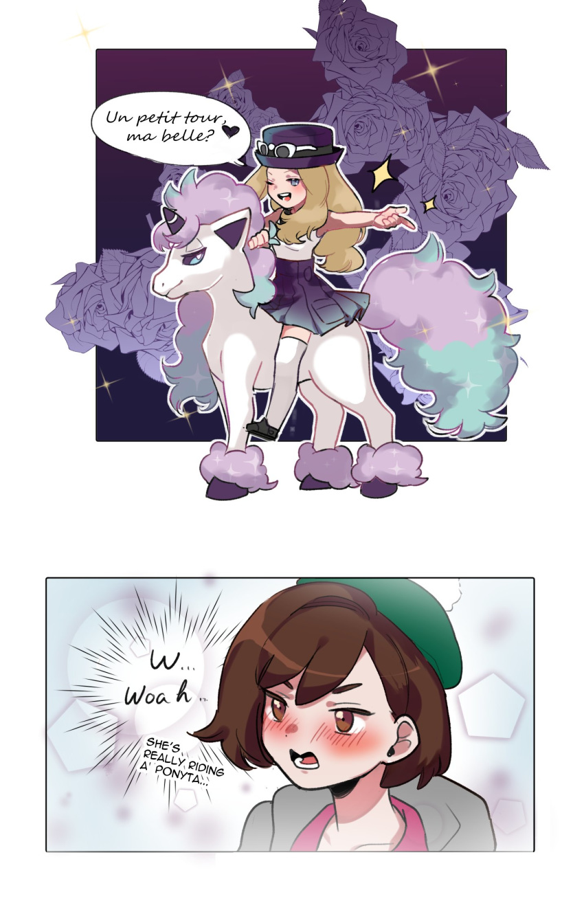 2girls blonde_hair blush brown_eyes brown_hair cardigan commentary delusional english_commentary french_text galarian_ponyta gloria_(pokemon) green_headwear grey_cardigan hat highres holding long_hair long_sleeves multiple_girls open_mouth pokemon pokemon_(creature) pokemon_swsh pokemon_xy riding riding_pokemon serena_(pokemon) sheery_sbox short_hair skirt smile sunglasses tam_o'_shanter thighhighs yuri