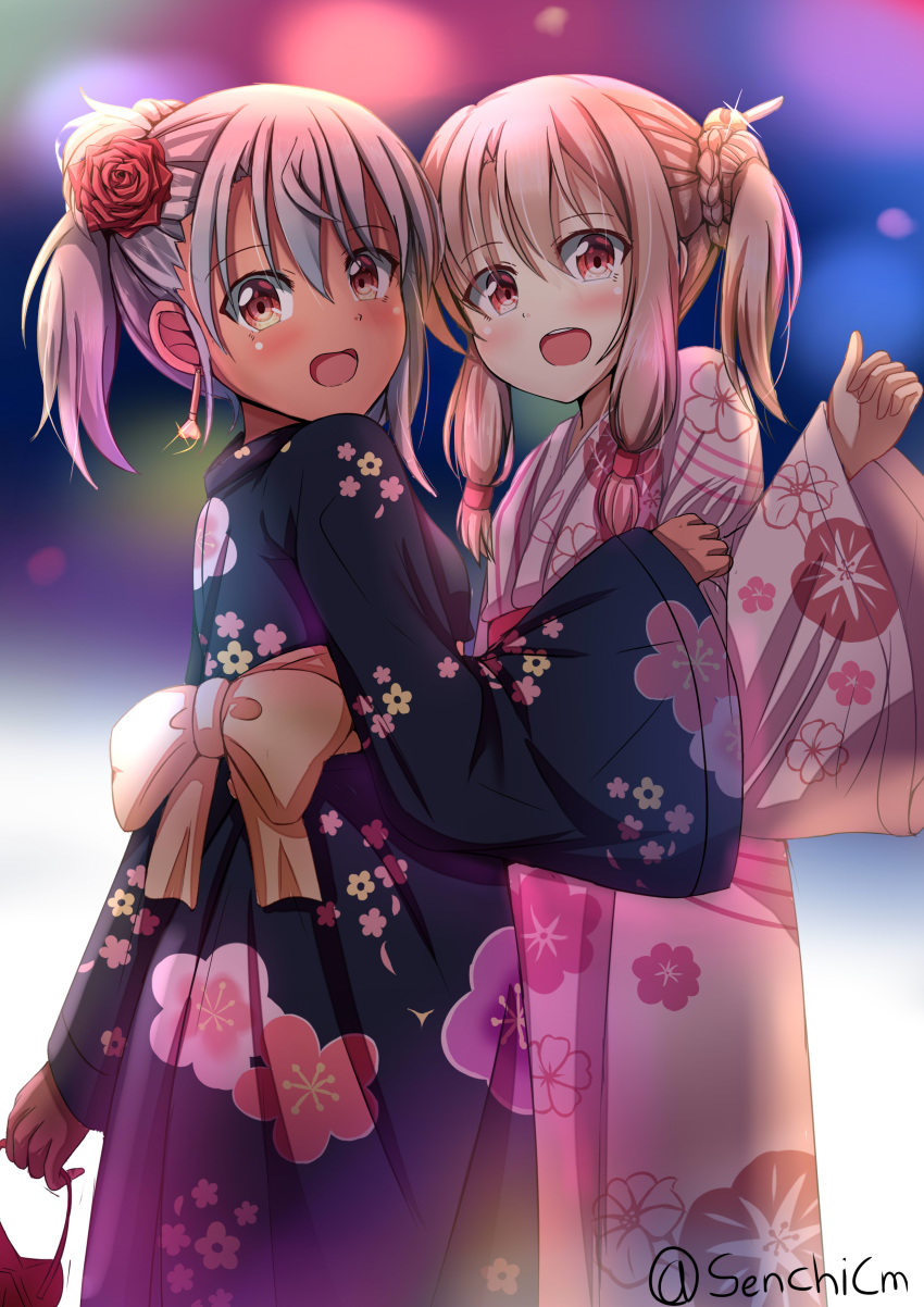 2girls :d absurdres artist_name blonde_hair blue_kimono blush breasts chloe_von_einzbern commentary_request dark-skinned_female dark_skin earrings fate/kaleid_liner_prisma_illya fate_(series) feather_hair_ornament feathers firework_background fireworks floral_print flower grey_hair hair_flower hair_ornament highres illyasviel_von_einzbern japanese_clothes jewelry kimono long_hair looking_at_viewer morning_glory_print multiple_girls night obi official_alternate_costume one_side_up open_mouth orange_eyes outdoors pink_eyes pink_hair pink_kimono plum_blossom_print red_eyes sash senchimee small_breasts smile summer_festival yellow_eyes yukata