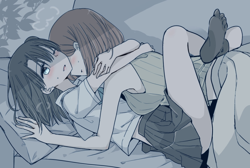 2girls 66ta1yak1 age_difference black_hair black_skirt blue_eyes blush breasts cowgirl_position green_sweater highres hug incest leg_lock lying medium_breasts mother_and_daughter multiple_girls on_back one_eye_closed pillow red_hair sayaka_(yuru_oyako) school_uniform shirt short_hair skirt socks sweat sweater white_shirt yuri yuru_oyako yuuki_(yuru_oyako)