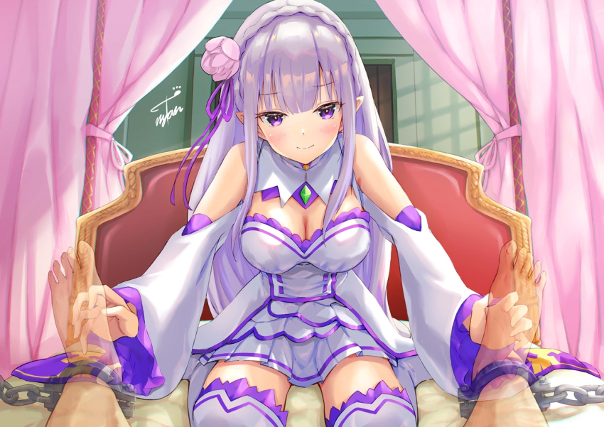 bare_shoulders bed blush bondage bondage bound bound_ankles breasts chains cleavage commentary_request dress elf emilia_(re:zero) female flower grey_hair hair_flower hair_ornament hair_ribbon indoors large_breasts long_hair looking_at_viewer pointy_ears pov purple_eyes re:zero_kara_hajimeru_isekai_seikatsu ribbon signature sitting smile solo tarunyan thighhighs thighs tickling tickling_feet wariza white_dress zettai_ryouiki