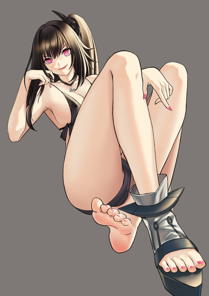 architect_(girls'_frontline) architect_(nvw_model)_(girls'_frontline) arm_rest barefoot black_footwear black_hair black_one-piece_swimsuit breasts casual_one-piece_swimsuit commentary_request crossed_ankles feet female fingernails full_body girls'_frontline grey_background hair_ornament head_rest highres ikarusflyhigh jewelry large_breasts legs lipstick long_hair looking_at_viewer makeup nail_polish necklace one-piece_swimsuit one_side_up pink_eyes pink_lips pink_nails sangvis_ferri shoes simple_background single_shoe sitting smile soles solo swimsuit toeless_footwear toenail_polish toenails toes variant_set