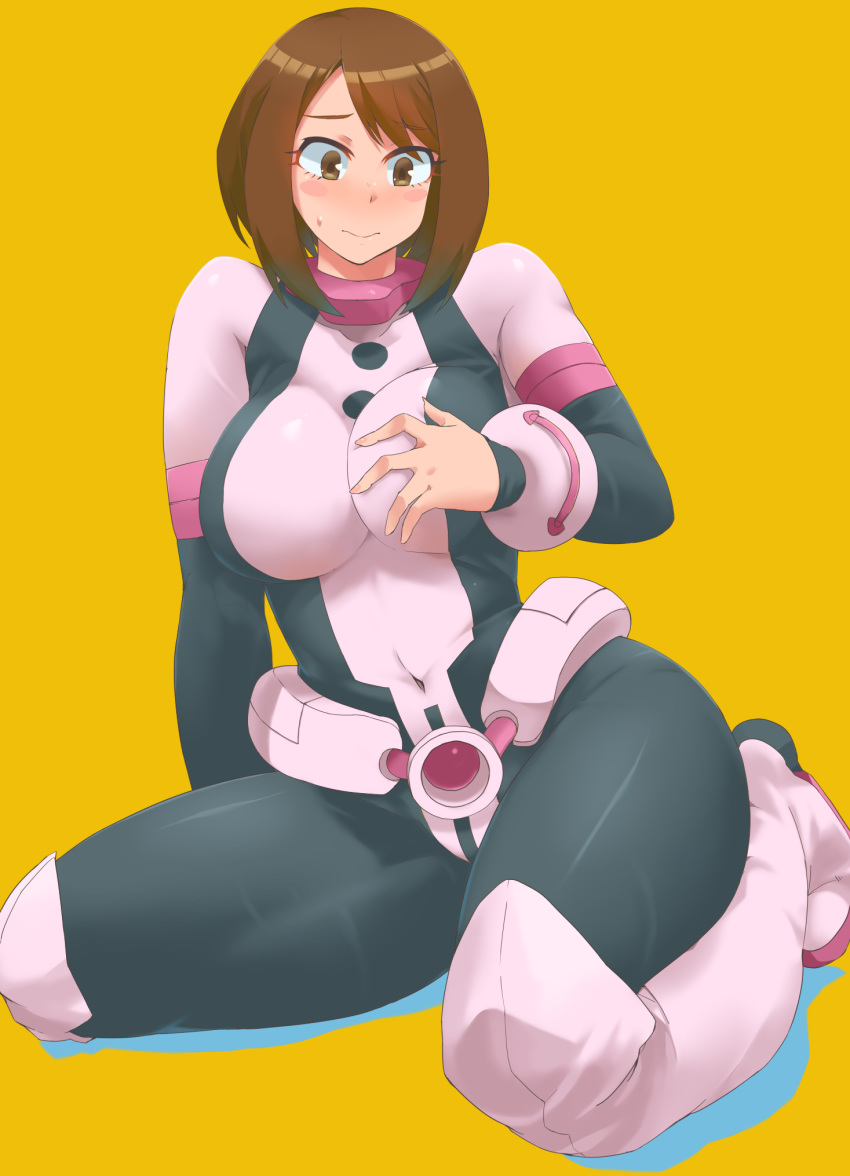 blush_stickers bodysuit boku_no_hero_academia breasts brown_eyes brown_hair commentary_request female highres large_breasts minakami_(flyingman555) shiny_clothes simple_background solo uraraka_ochako