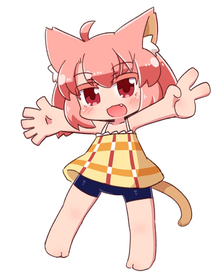 :d animal_ear_fluff animal_ears bare_arms bare_shoulders barefoot bike_shorts blue_shorts blush borrowed_character brown_camisole camisole cat_ears cat_girl cat_tail chibi colored_eyelashes commentary_request eroneko-san female full_body hair_between_eyes highres looking_at_viewer naga_u oerba_yun_fang open_mouth original outstretched_arms pink_hair red_eyes short_shorts shorts simple_background smile solo spread_arms standing tail v white_background