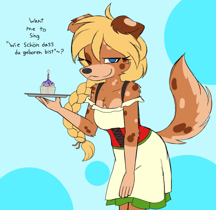 2022 anthro australian_shepherd birthday birthday_cake blonde_hair blue_eyes braided_hair braided_ponytail breasts brown_body brown_fur cake candle canid canine canis clothed clothing cupcake dessert dialogue digital_media_(artwork) domestic_dog dress english_text female floppy_ears food fully_clothed fur german_text hair herding_dog hi_res looking_at_viewer mammal markings one_eye_closed pastoral_dog ponytail sheepdog simple_background smile solo spots spotted_body spotted_fur text translated w0lfmare wink zofie_(fluff-kevlar)