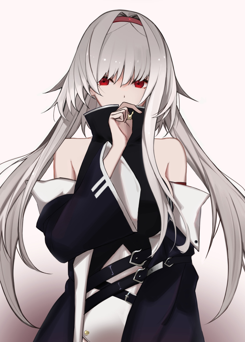 absurdres anchor_symbol azur_lane bad_id bad_pixiv_id bare_shoulders breasts colorado_(azur_lane) commentary_request detached_sleeves female floating_hair gradient_background hair_over_one_eye hairband highres large_breasts long_hair looking_at_viewer red_eyes rrr_ato sideboob sidelocks solo very_long_hair white_hair