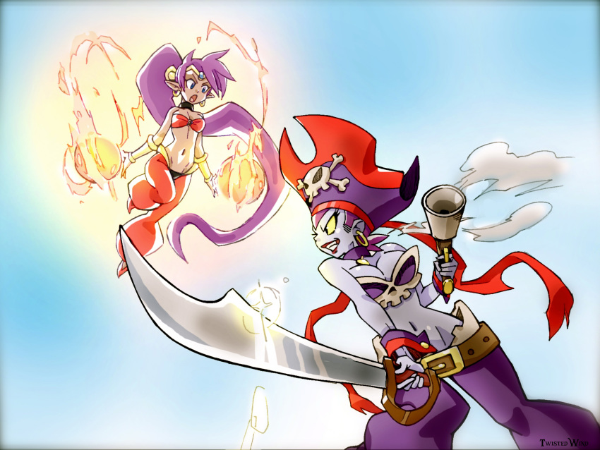 2013 4:3 battle belt blue_eyes breasts clothing duo ear_piercing ear_ring female fire genie gun hair handgun hi_res human humanoid humanoid_pointy_ears lipstick long_hair makeup mammal melee_weapon navel not_furry open_mouth piercing pirate_hat ponytail purple_hair ranged_weapon ring_piercing risky_boots shantae shantae_(series) signature sword twistedterra wayforward weapon