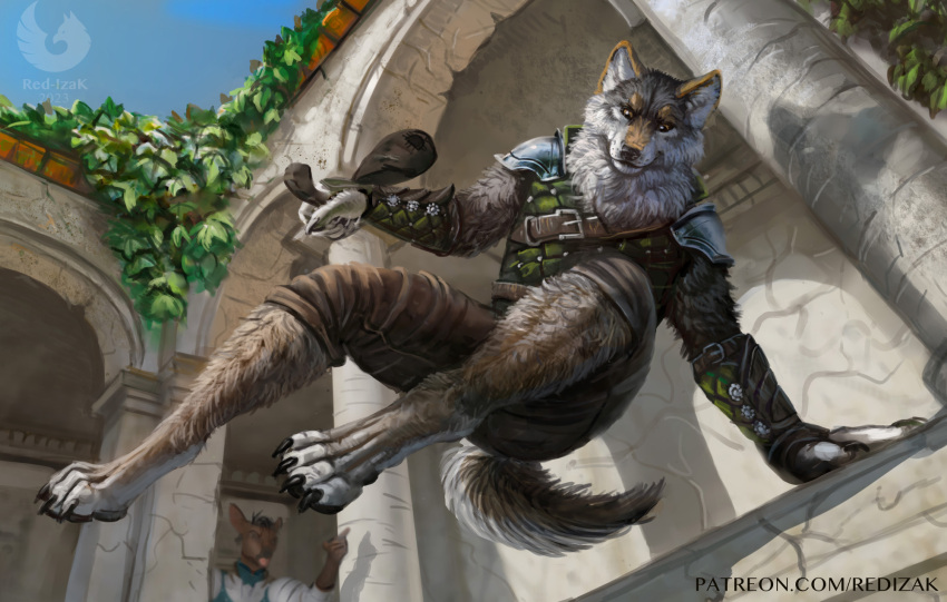 2023 anthro armor artist_name biped bottomwear brown_body brown_fur canid canine canis claws clothing detailed_background digital_media_(artwork) digitigrade duo fur grey_body grey_fur hi_res male mammal multicolored_body multicolored_fur padded_armor pants pauldron paws plant red-izak tail text thief toe_claws url vambrace vaulting watermark white_body white_fur wolf