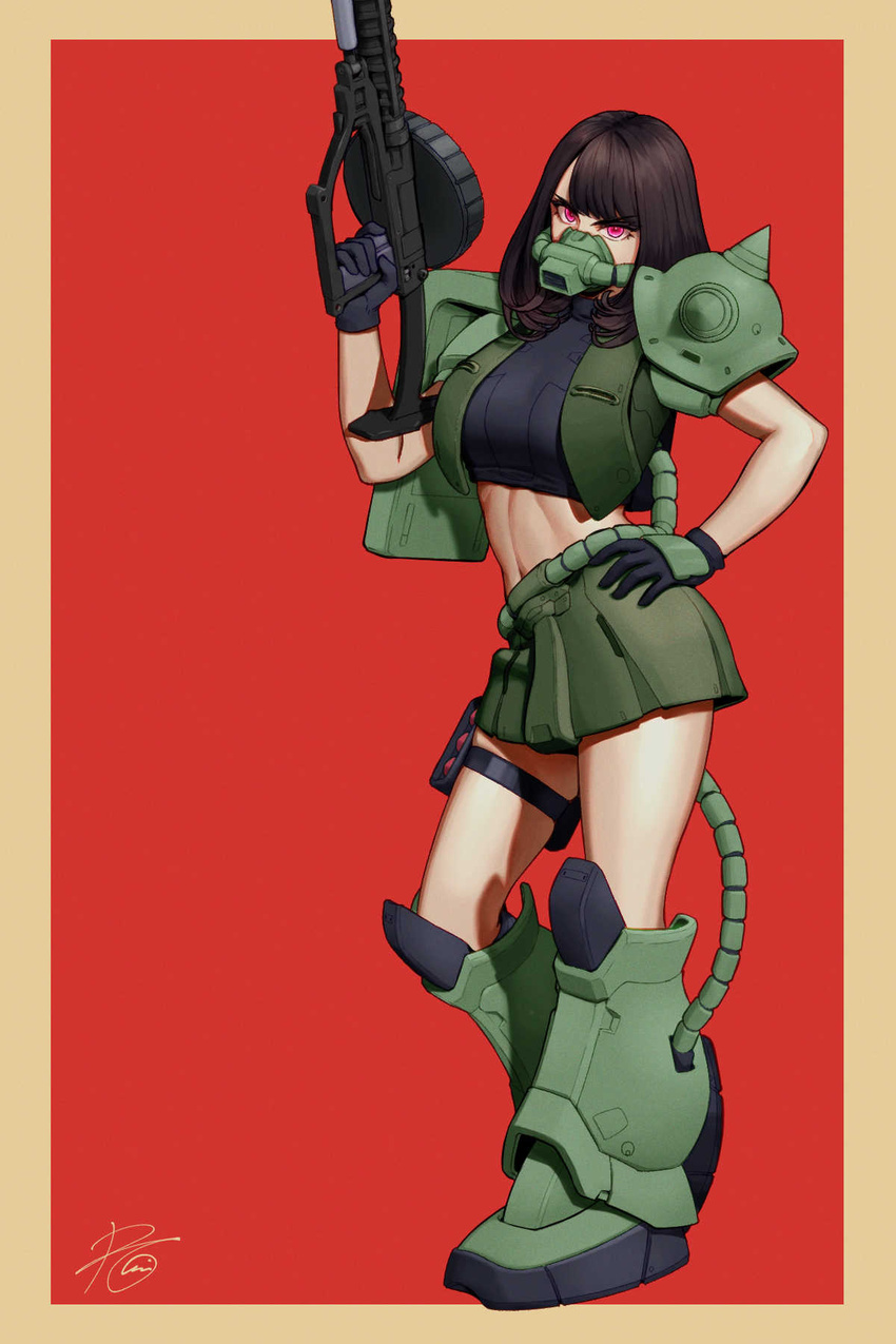 black_gloves boots breasts brown_hair commission english_commentary female gloves green_skirt gun gundam head_tilt highres holding holding_gun holding_weapon humanization large_breasts looking_at_viewer mask mecha_musume medium_hair mobile_suit_gundam pink_eyes roviahc shoulder_spikes skirt solo spikes thigh_strap weapon zaku_ii