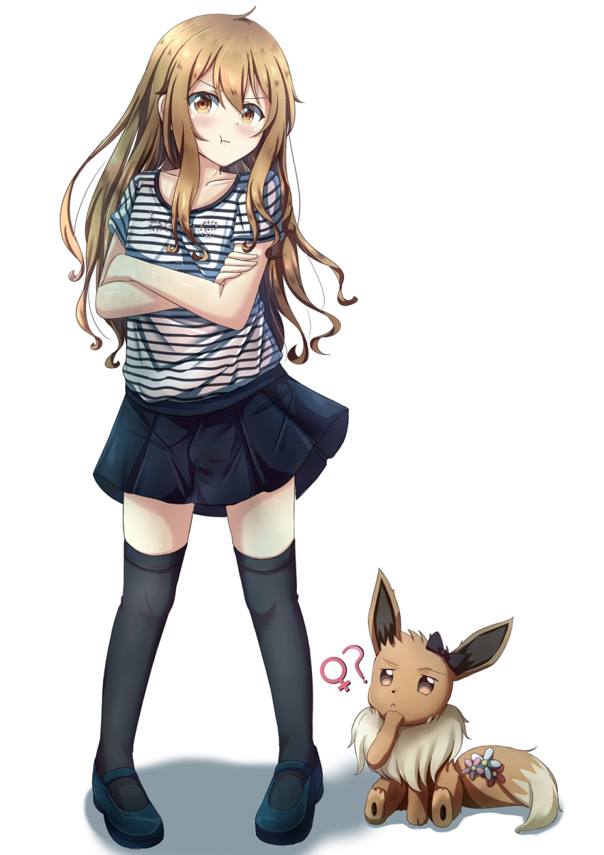 1boy :t ? black_legwear blonde_hair blush bow bulge collarbone commentary_request eevee highres implied_pantyshot long_hair male_focus miniskirt original otoko_no_ko panties pokemon pokemon_(creature) red_eyes senchimee skirt thighhighs underwear venus_symbol zettai_ryouiki