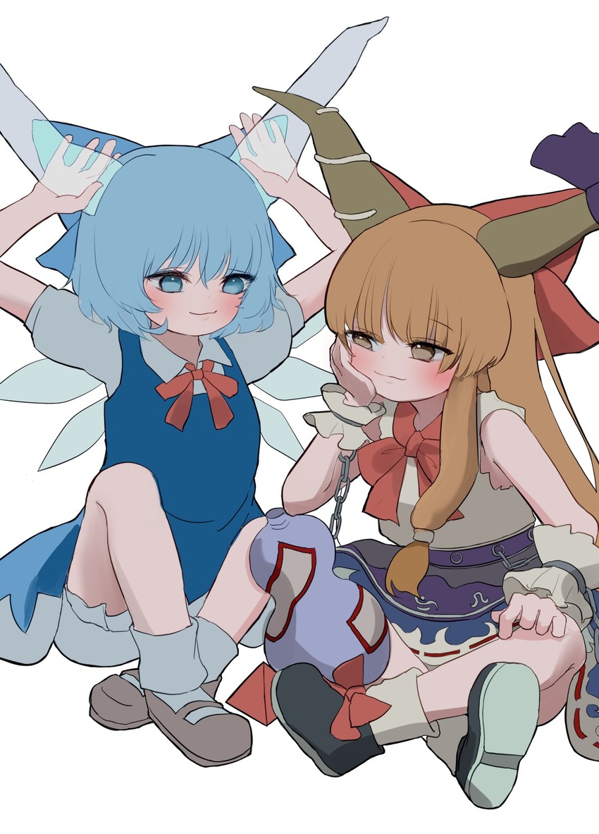 2girls belt black_footwear bloomers blue_dress blue_eyes blue_hair bow bowtie brown_footwear chains cirno closed_mouth commentary detached_wings dress footwear_bow gourd highres horns ibuki_suika ice ice_wings indian_style knees_up looking_at_viewer mikan_(manmarumikan) multiple_girls orange_eyes orange_hair red_bow red_bowtie ribbon-trimmed_skirt ribbon_trim shirt short_hair short_sleeves simple_background sitting socks torn_clothes torn_shirt touhou underwear white_background white_shirt white_socks wings wrist_cuffs