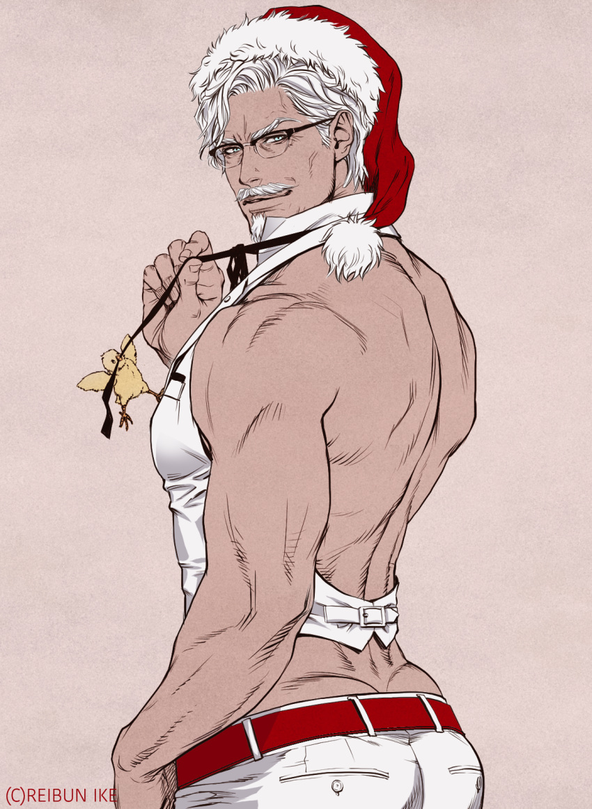 1boy back back_focus bara bare_back bare_shoulders bird chick christmas colonel_sanders facial_hair from_behind glasses goatee hat highres i_reibun kfc looking_at_viewer male_focus mature_male moustache muscular muscular_male old old_man pants pectorals santa_hat seductive_smile short_hair sideburns sidepec smile solo tight_clothes tight_pants vest white_hair white_pants white_vest