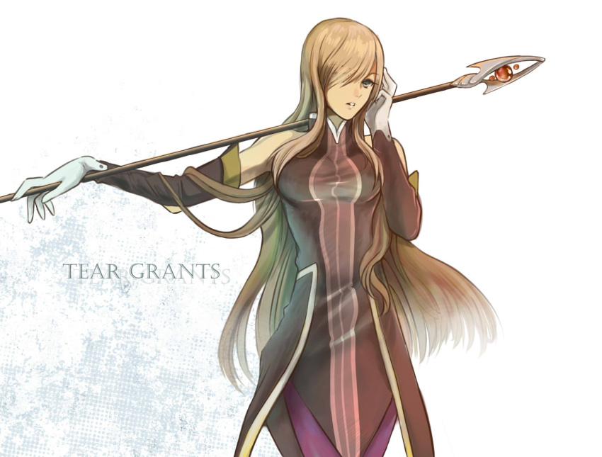 black_arm_warmers brown_hair character_name commentary_request female gloves green_eyes hair_over_one_eye highres karanashi_mari long_hair photoshop_(medium) solo tales_of_(series) tales_of_the_abyss tear_grants wand white_background