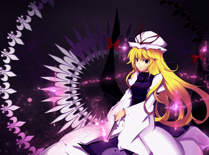 blonde_hair bow dress fan hat long_hair purple_eyes ribbons saberiii touhou yakumo_yukari