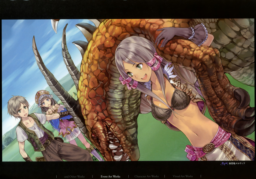 1boy 2girls atelier_(series) atelier_totori boots bra breasts brown_hair cleavage dutch_angle gino_knab gloves green_eyes hair_ribbon kishida_mel long_hair medium_breasts mervia_siebel midriff monster multiple_girls navel official_art open_mouth pants ribbon shirt skirt smile totooria_helmold tress_ribbon underwear vest