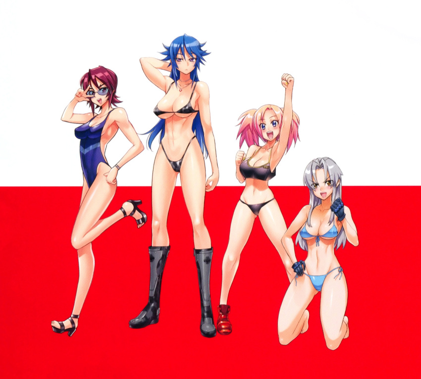 4girls absurdres arm_up armpits bare_shoulders barefoot bikini blue_hair boots breasts brown_eyes brown_hair cleavage clenched_hand expressionless front-tie_top full_body glasses gloves gradient_hair hand_on_own_hip high_heels highleg highleg_bikini highres hitsugi_sayo jewelry kiba_mikoto knee_boots kneeling large_breasts leg_up long_hair medium_breasts multicolored_hair multiple_girls nashida_oriha navel necklace one-piece_swimsuit open_mouth pendant photoshop_(medium) purple_eyes satou_shouji scan shiny_skin side-tie_bikini_bottom silver_hair smile sunglasses swimsuit tankini triage_x tsurugi_miki