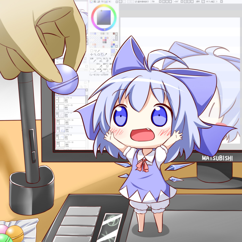 ahoge arms_up bloomers blue_dress blue_eyes blue_hair blush blush_stickers bow candy chibi cirno commentary_request desk drawing_tablet dress female food hairbow highres makuran monitor oerba_yun_fang open_mouth painttool_sai puffy_sleeves shirt short_hair short_sleeves smile solo_focus touhou underwear wings |_|