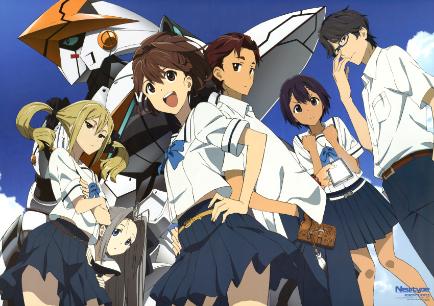 2boys 4girls :d absurdres airi_(robotics;notes) armor black_hair blonde_hair blue_bow blue_bowtie blue_sky bow bowtie brown_hair contrapposto daitoku_junna from_below glasses grey_hair hands_on_own_hips hidaka_subaru highres koujiro_frau long_hair looking_at_viewer machinery mecha multiple_boys multiple_girls nagura_satoshi newtype official_art open_mouth ponytail robot robotics;notes scan school_uniform senomiya_akiho short_hair sky smile standing twintails yashio_kaito