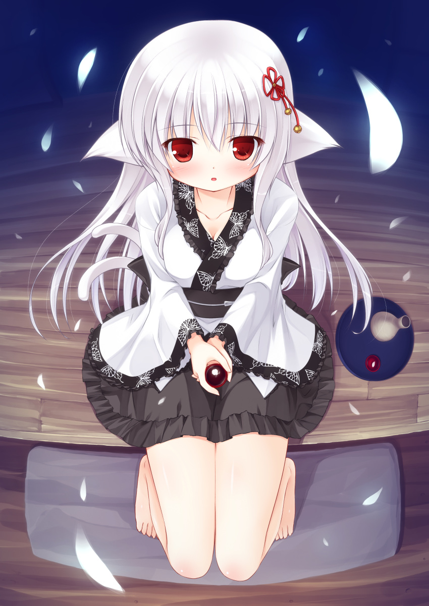 :o absurdres animal_ears bad_link barefoot blush bottle cat_ears cat_tail choko_(cup) cup female from_above hair_ornament highres japanese_clothes kimono kimono_skirt long_hair looking_at_viewer multiple_tails original petals photoshop_(medium) red_eyes short_kimono sitting skirt solo tail tokkuri tray veranda white_hair yuku_(kiollion)