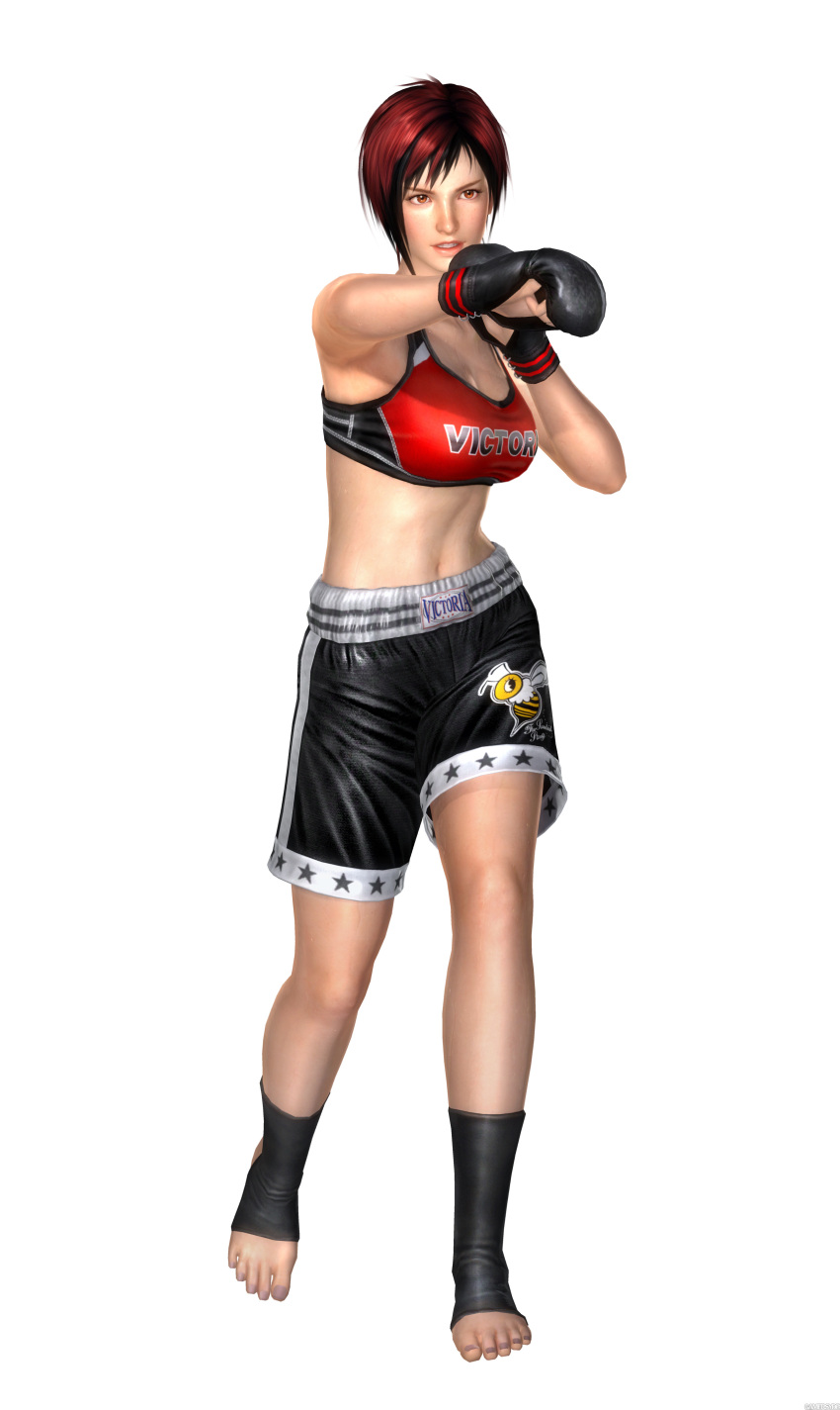 3d absurdres barefoot black_shorts boxing_gloves breasts brown_eyes dead_or_alive dead_or_alive_5 female fighting_stance full_body gloves highres large_breasts mila_(doa) mixed_martial_arts navel official_art photoshop_(medium) punching red_hair short_hair shorts skirt solo sports_bra sweat toeless_legwear