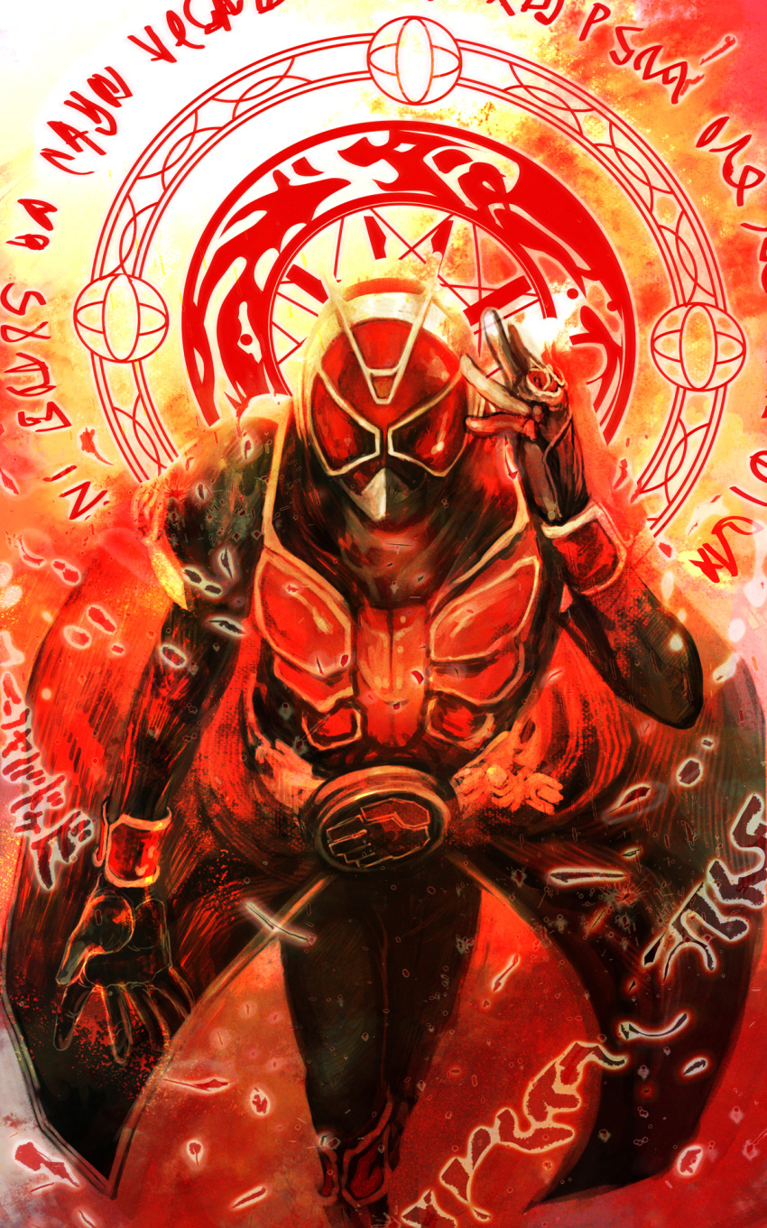 1boy armor belt commentary_request highres illustica_phantom jewelry kamen_rider kamen_rider_wizard kamen_rider_wizard_(series) magic_circle male_focus mask photoshop_(medium) ring solo sparks tailcoat