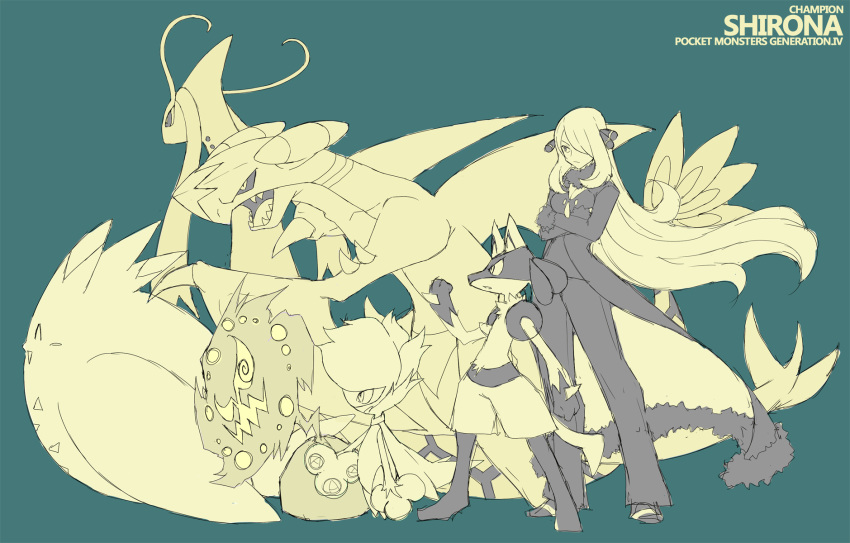 coat crossed_arms cynthia_(pokemon) female garchomp hair_ornament hair_over_one_eye highres long_hair lucario milotic monochrome pokemon pokemon_(creature) pokemon_dppt roserade shigino_sohuzi spiritomb togekiss