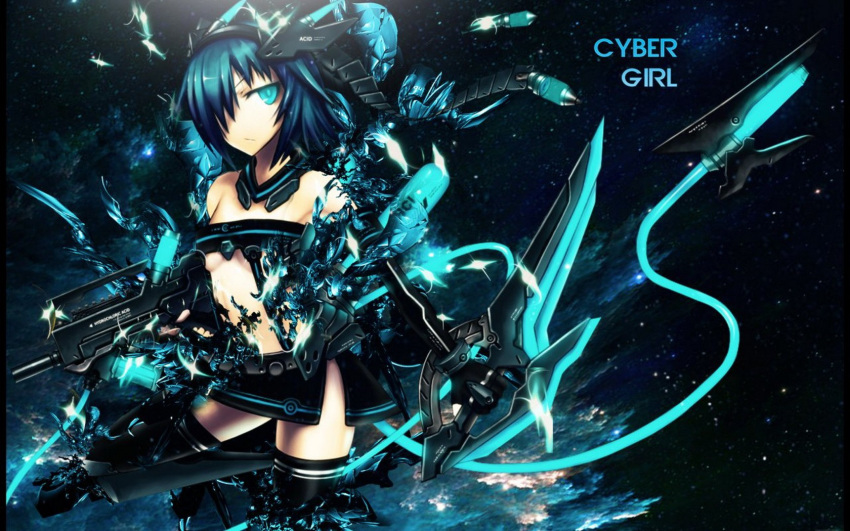 aqua_eyes aqua_hair gia gun short_hair skirt sword thighhighs underboob weapon zettai_ryouiki