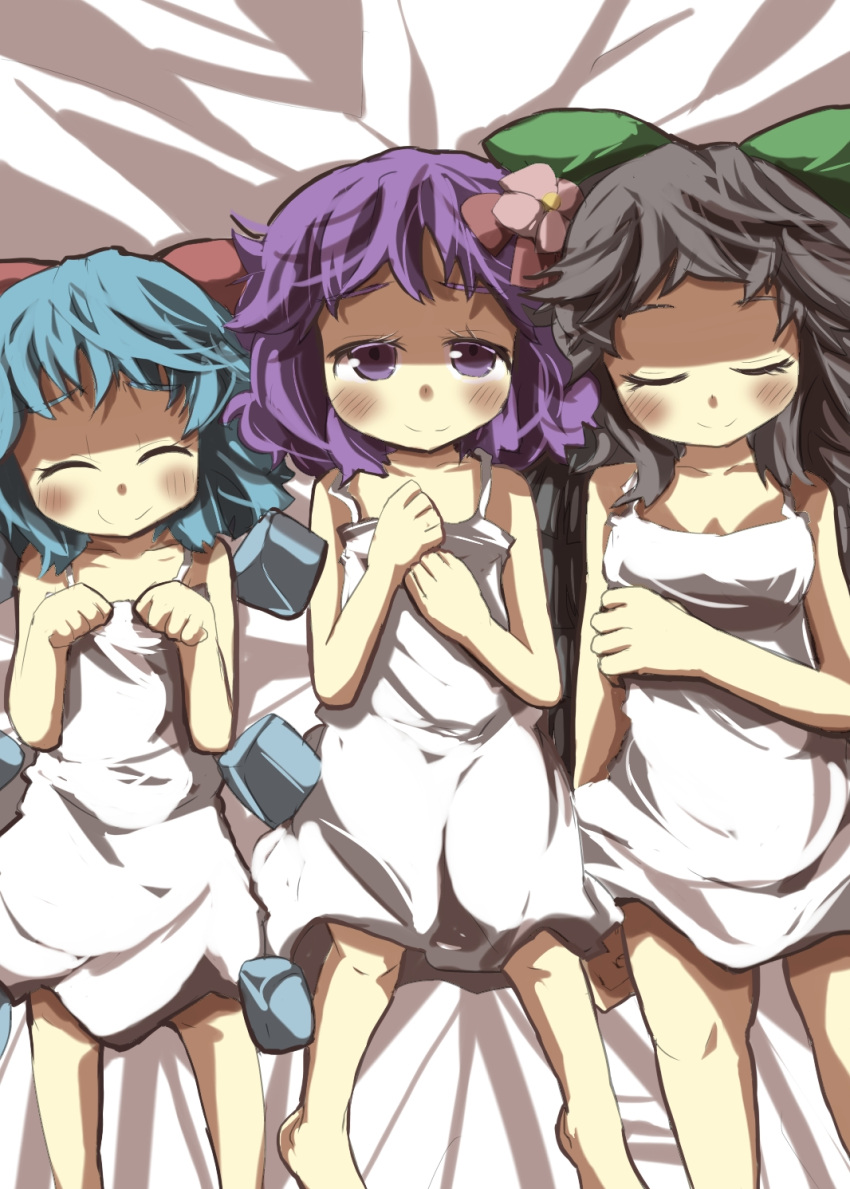 3girls ^_^ bare_legs black_hair blue_hair bow cirno closed_eyes commentary_request dress flower gaoo_(frpjx283) hair_flower hair_ornament hairbow hieda_no_akyuu highres long_hair lying multiple_girls on_back purple_eyes purple_hair reiuji_utsuho short_hair smile touhou white_dress