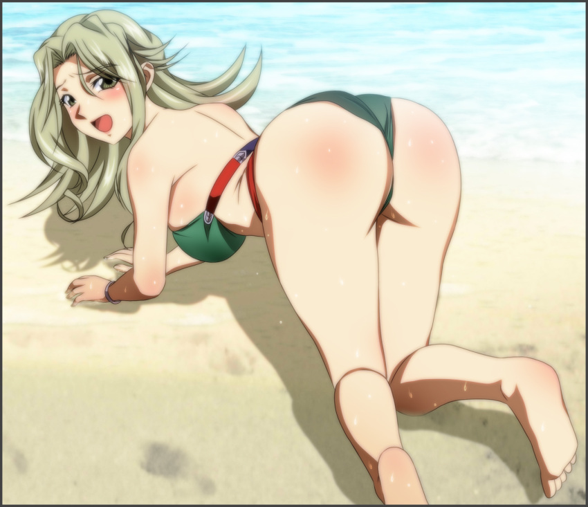 all_fours ass back banpresto bare_shoulders barefoot beach bikini blush breasts feet female from_behind green_hair highres lamia_loveless large_breasts legs long_hair looking_at_viewer looking_back ocean open_mouth sand soles solo super_robot_wars sweat swimsuit thighs toes water wedgie yadokari_genpachirou