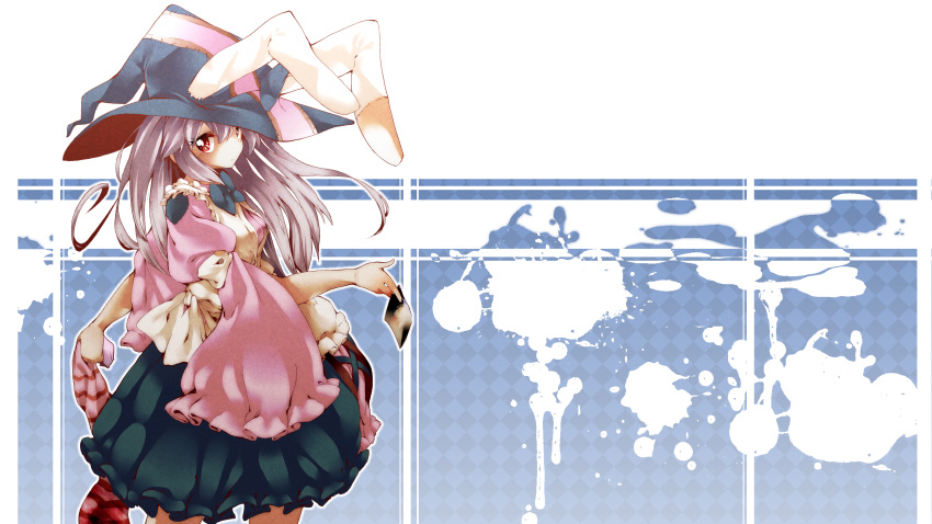 animal_ears black_hat blush bow dress female hat highres irisu_kyouko irisu_shoukougun! long_hair long_sleeves looking_at_viewer looking_back photo_(object) rabbit_ears red_eyes shigurio silver_hair simple_background solo third-party_edit white_background wide_sleeves witch_hat