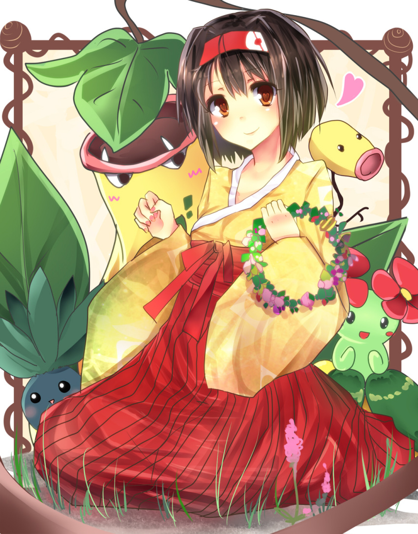 bellossom bellsprout black_hair brown_eyes commentary_request e-co erika_(pokemon) female flower hairband highres japanese_clothes oddish pokemon pokemon_(creature) pokemon_frlg short_hair sitting smile tiara victreebel wreath