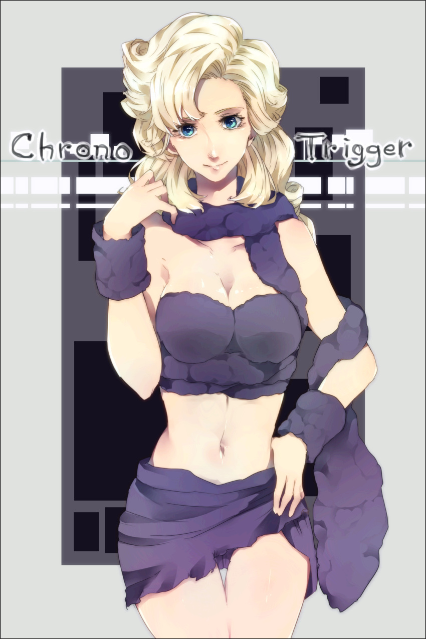 ayla_(chrono_trigger) bare_shoulders blonde_hair blue_eyes breasts caveman chrono_trigger cleavage commentary_request copyright_name crop_top female hand_on_own_hip highres long_hair looking_at_viewer medium_breasts midriff navel smile sofy solo