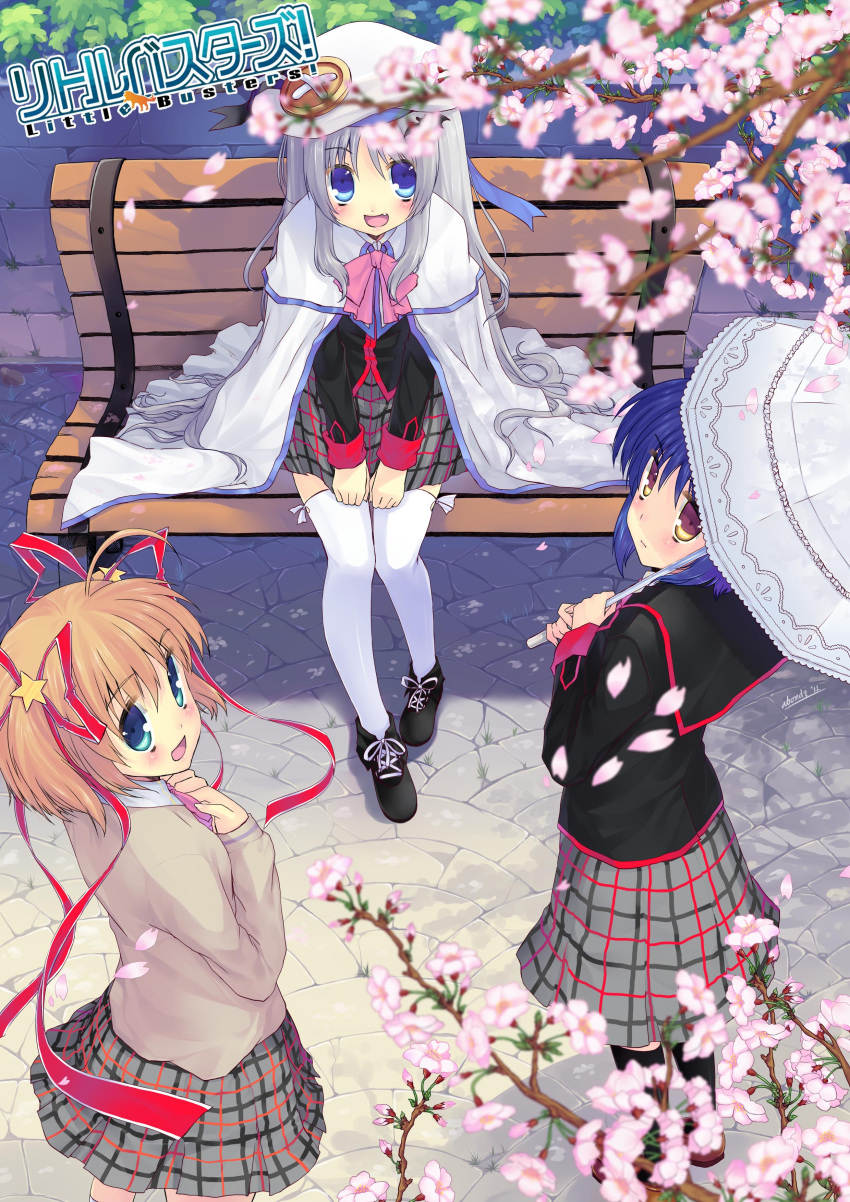 3girls abondz absurdres bench blue_eyes blue_hair bow brown_hair commentary_request grey_hair hat highres kamikita_komari little_busters! long_hair multiple_girls nishizono_mio noumi_kudryavka photoshop_(medium) pink_bow purple_eyes ribbon short_hair thighhighs umbrella