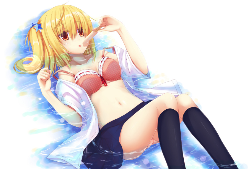 :p bad_id bad_pixiv_id black_socks blonde_hair bra character_request copyright_request female food hair_ornament kneehighs liong lying navel off_shoulder on_back open_clothes open_shirt panties partially_submerged photoshop_(medium) pleated_skirt popsicle school_uniform shirt short_hair skirt socks solo strap_slip tongue tongue_out underwear water wet wet_clothes yellow_eyes