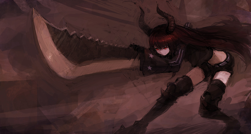 armor black_gold_saw black_hair black_rock_shooter horns long_hair red_eyes sword weapon