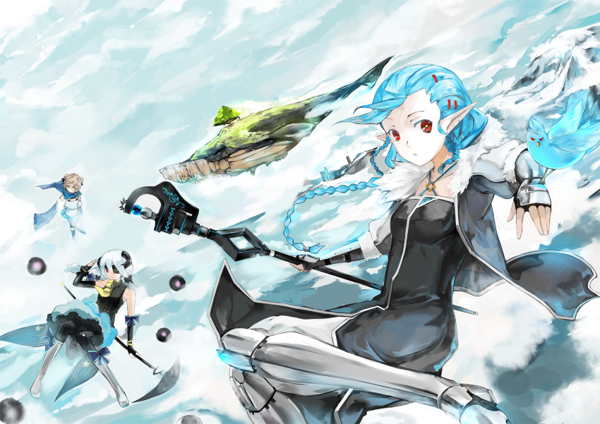 animal aqua_hair bird blonde_hair boots bow braids cape clouds elbow_gloves elf eyepatch gloves green_eyes long_hair pixiv_fantasia ponytail red_eyes saberiii scythe short_hair sky snow staff stars tree weapon white_hair