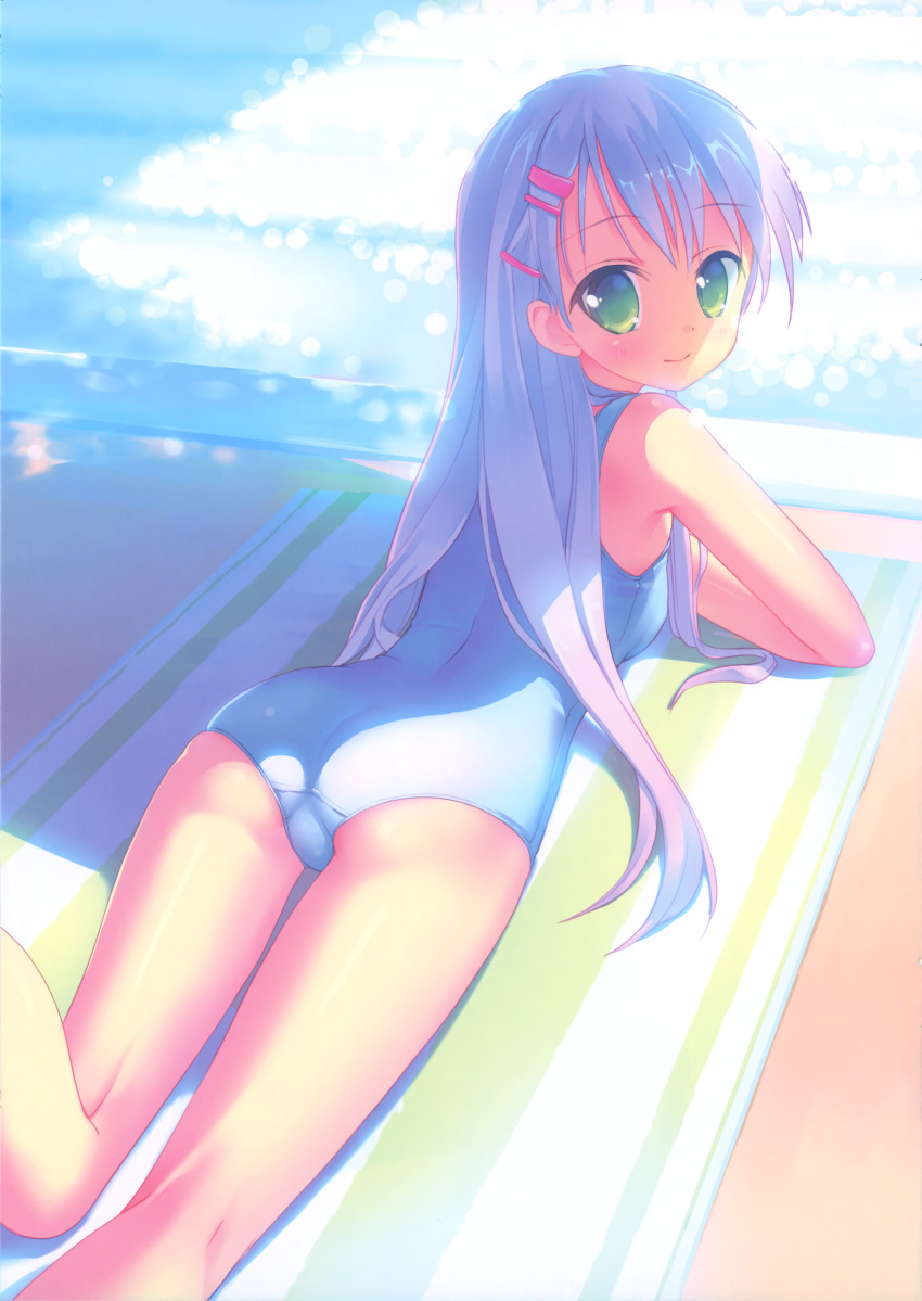 absurdres ass beach_towel female green_eyes grey_hair hair_ornament hairclip highres long_hair looking_at_viewer looking_back lying old_school_swimsuit on_stomach one-piece_swimsuit original pool poolside scan school_swimsuit shade smile solo sunlight swimsuit takoyaki_(roast) towel water white_one-piece_swimsuit