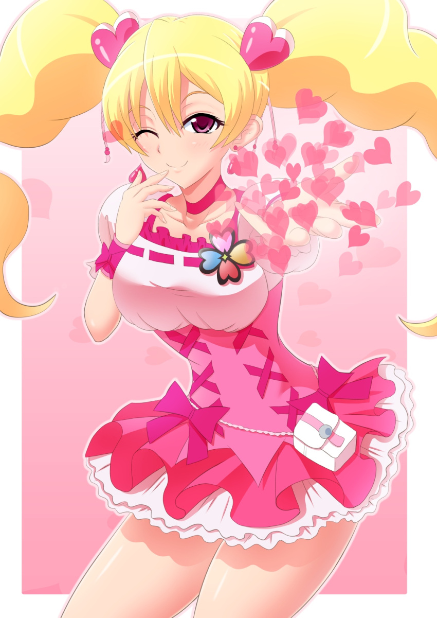 aokura_shou azur-show blonde_hair blush cure_peach dress earrings female fresh_precure! heart highres momozono_love pink_eyes precure solo twintails wink